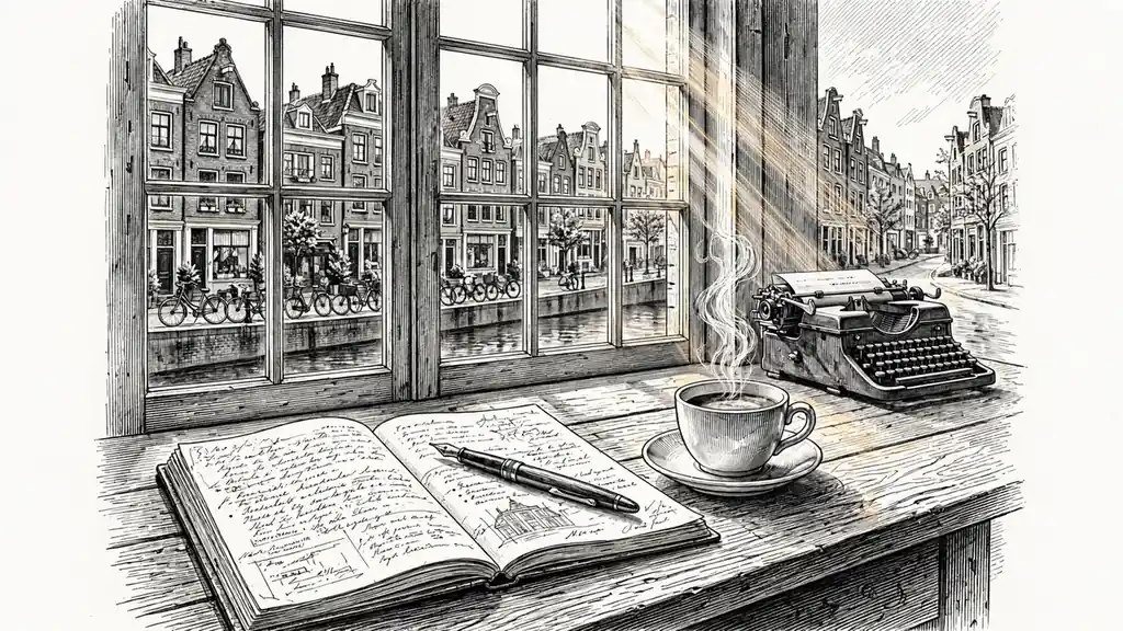 Notitieboek, pen en koffie op een bureau bij een raam met uitzicht op een gracht in Nederland.