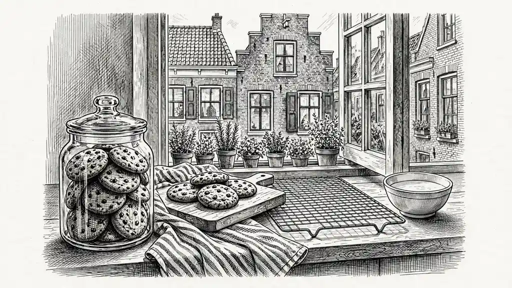 Glazen pot met chocolate chip cookies op een keukenblad