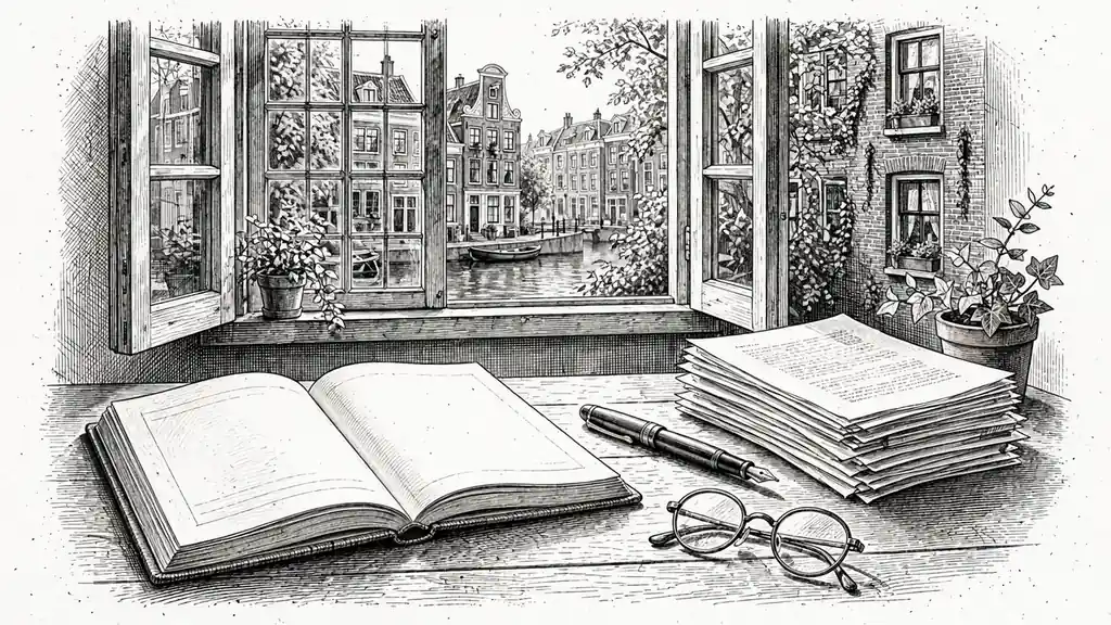 Een open notitieboek op een bureau met pen en leesbril