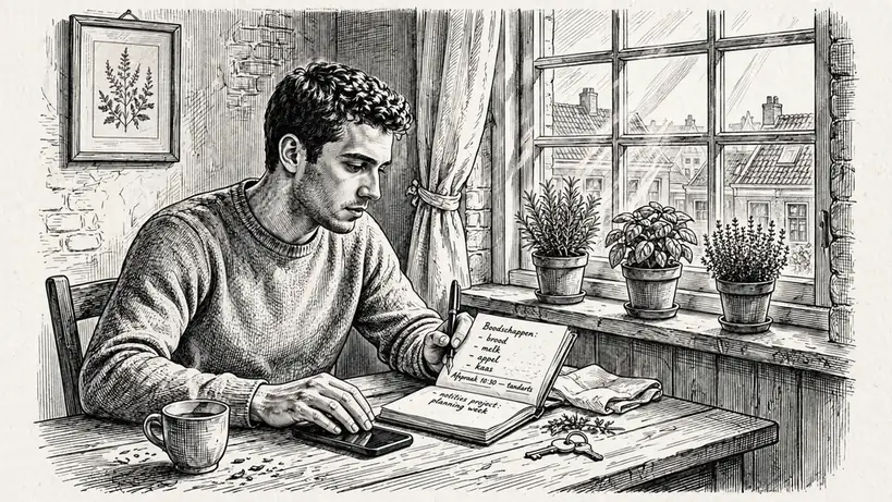 Man aan keukentafel met notitieboek, telefoon weggelegd