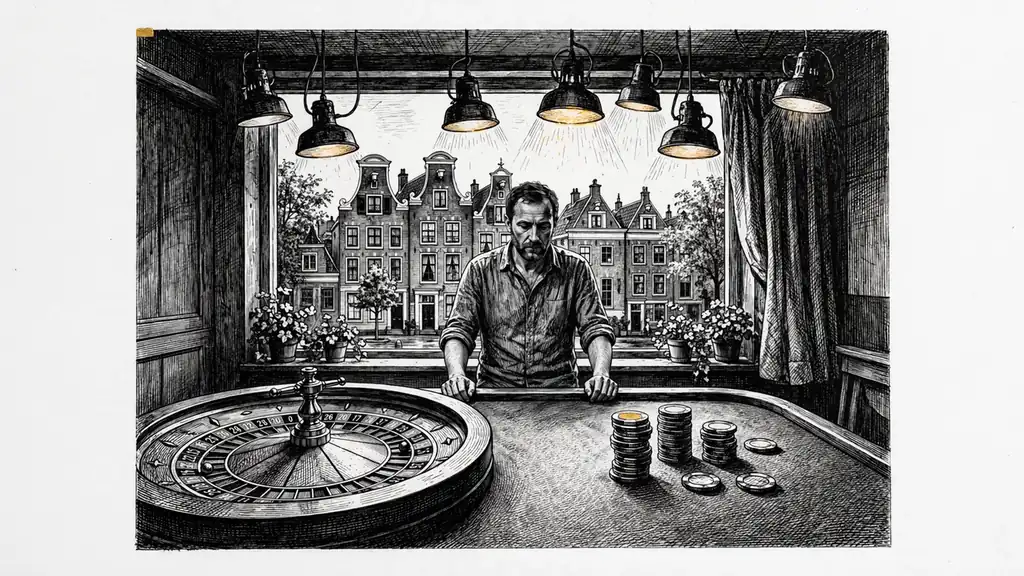 Live dealer achter een roulettetafel in een studio