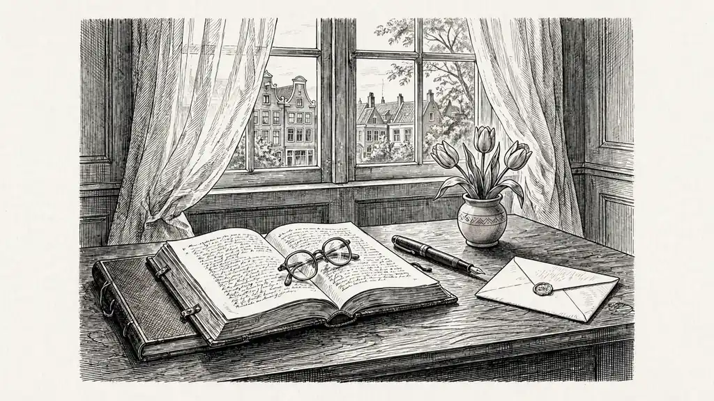 Leren boek, leesbril en pen op een bureau in een Nederlands kantoor.