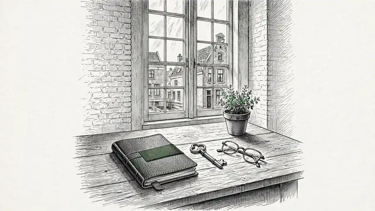 Gesloten notitieboek op een bureau met sleutel, bril en plant in een rustig Nederlands grachtenpand.