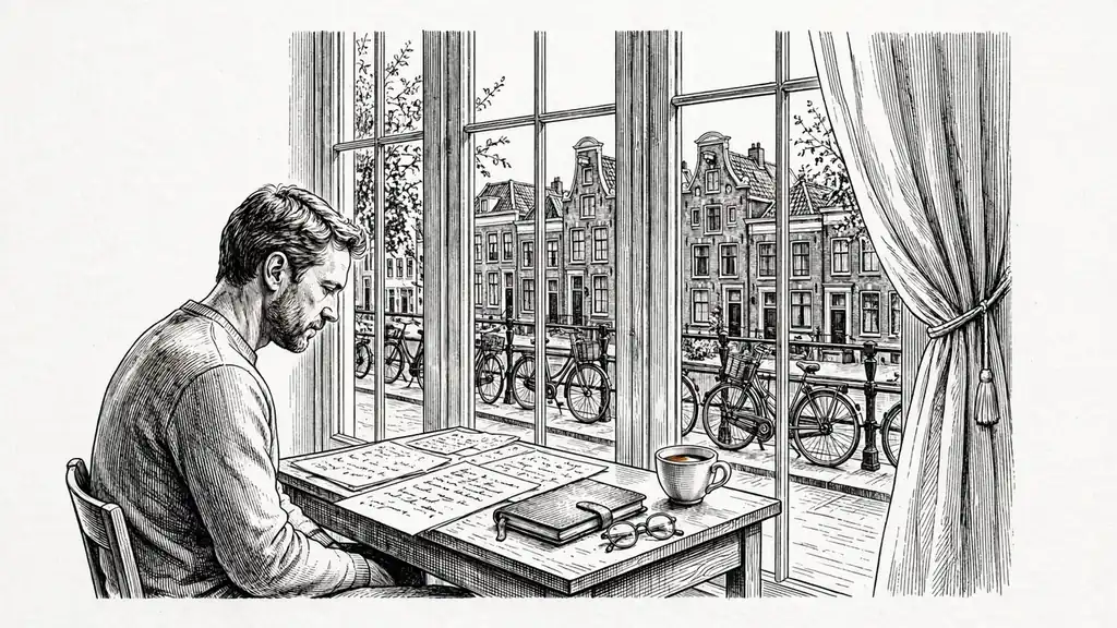 Iemand aan een bureau met notities naast een raam met uitzicht op een Hollandse gracht.