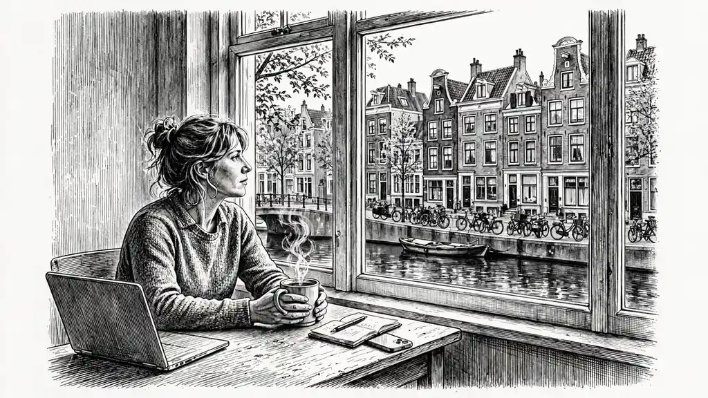 Persoon aan tafel met koffie, dichtgeklapte laptop en uitzicht op een gracht in Nederland.